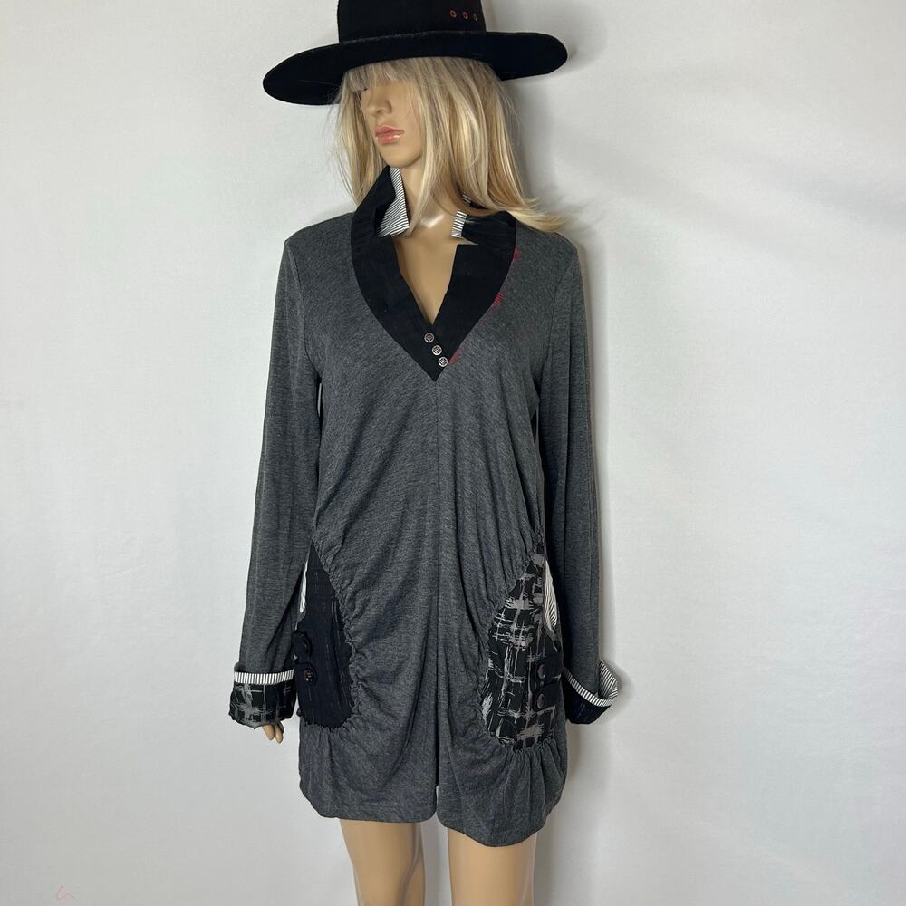 Dzhavael Couture XL Gray Mixed Media Tunic Dress Lagenlook Art To Wear Boho